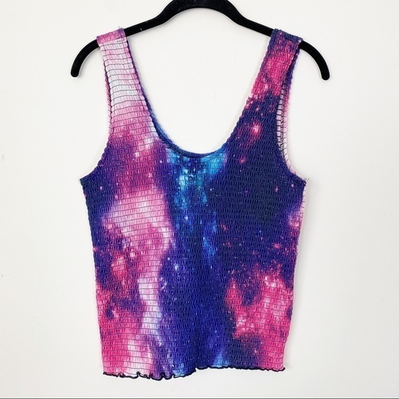 HOT TOPIC Smocked Galaxy Crop Tank Top XLarge Tie Due Purple Pink Punk - Picture 3 of 5